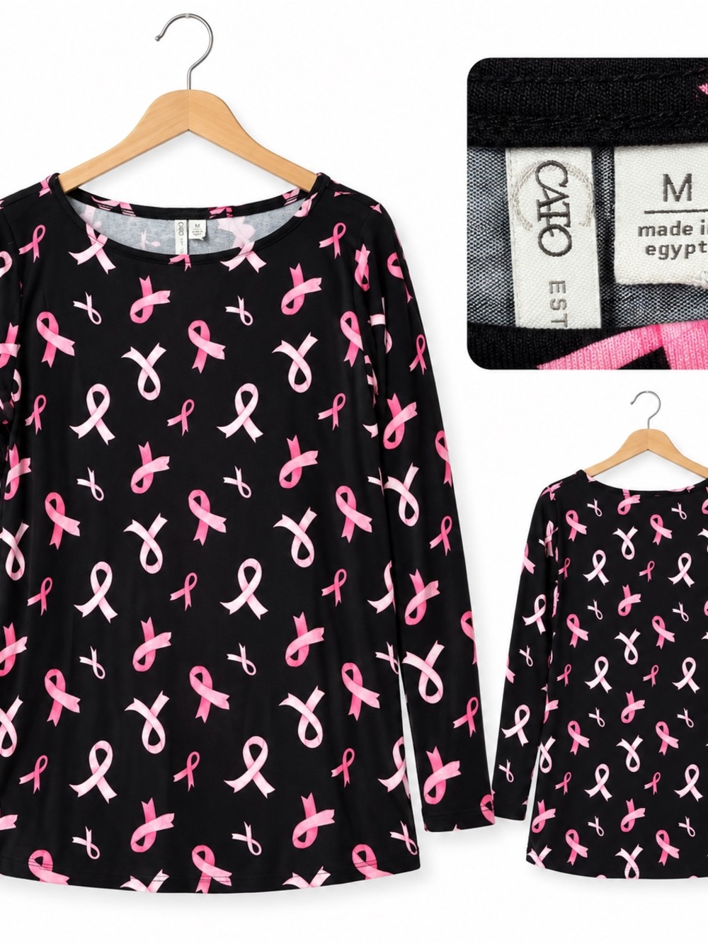 Cato Black Long-Sleeve Pajama Top with Pink Ribbon Print